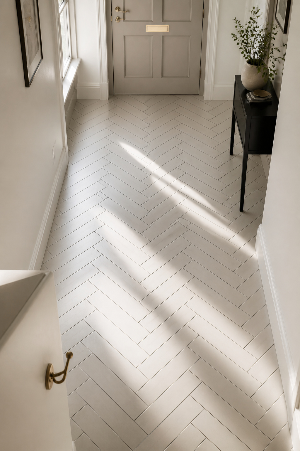 herringbone porcelain tile pattern on an entryway floor with warm bone-white tiles and charcoal grout, viewed from above