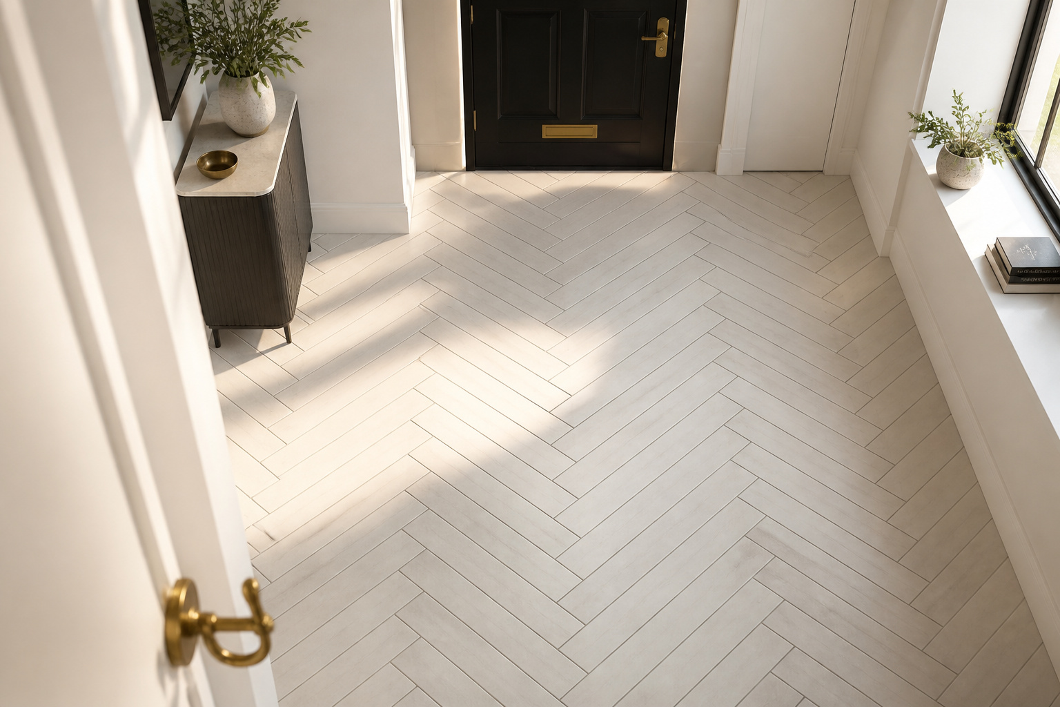 herringbone porcelain tile pattern on an entryway floor with warm bone-white tiles and charcoal grout, viewed from above