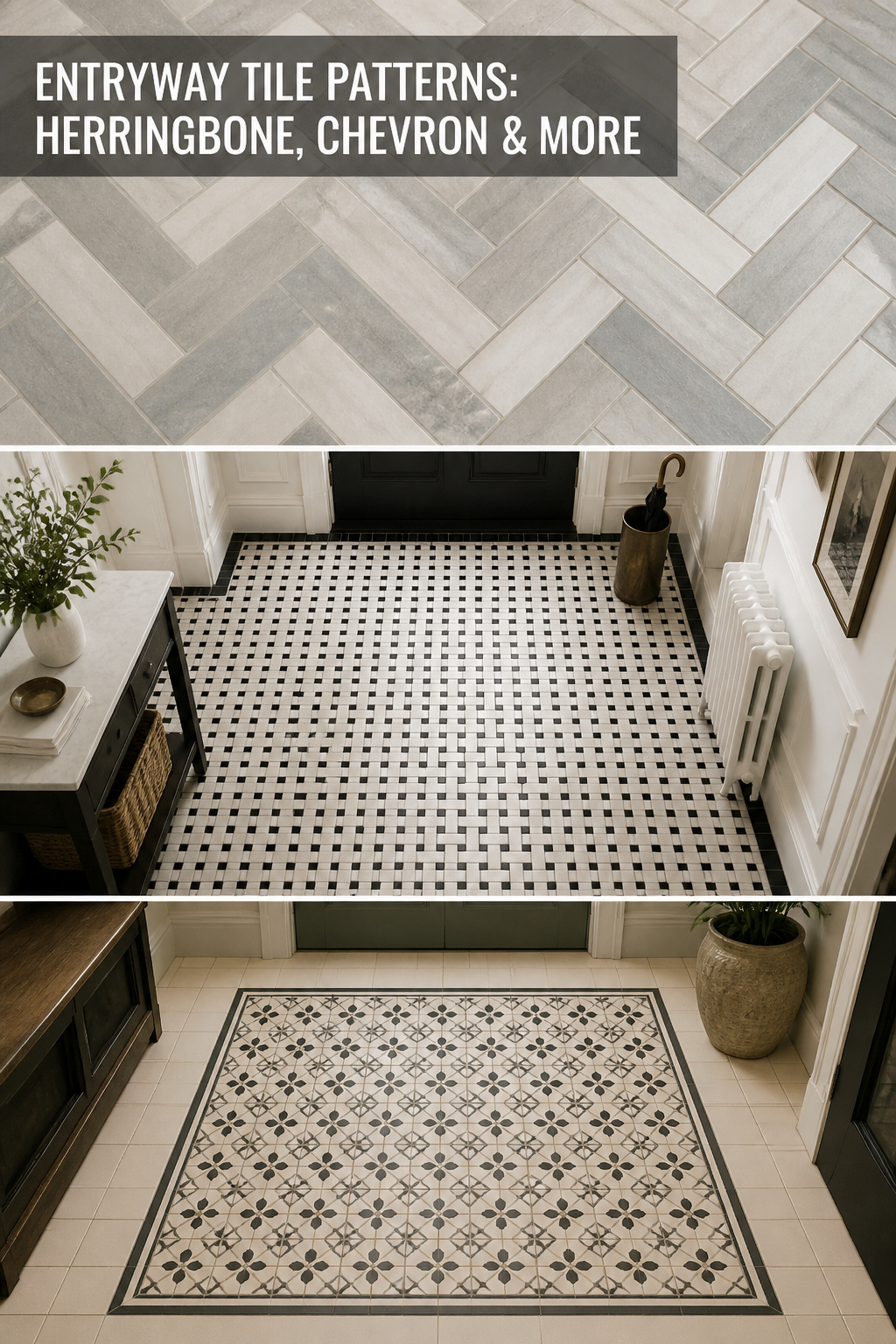 Pinterest collage showing three entryway tile patterns — herringbone, basketweave, and tile rug inlay — with headline text overlay