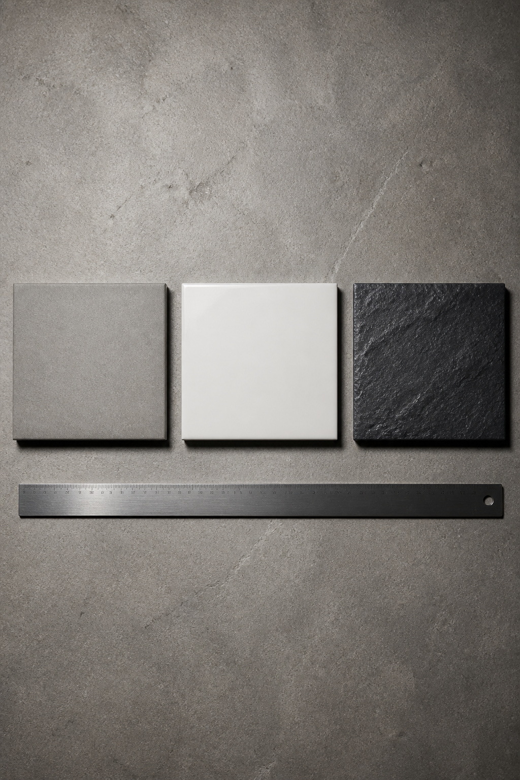 Three entryway tile samples side by side — matte porcelain, glazed ceramic, and natural slate — arranged on concrete for material comparison