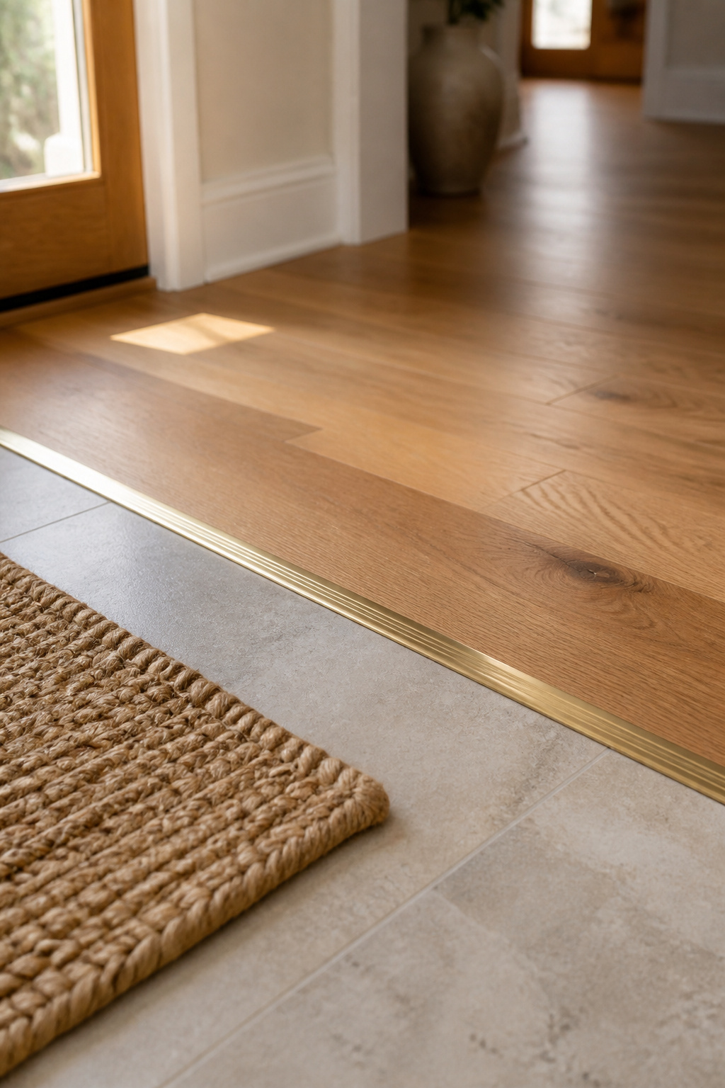 Close view of the join between porcelain entryway tile and oak hardwood floor, bridged by a slim brushed brass transition strip