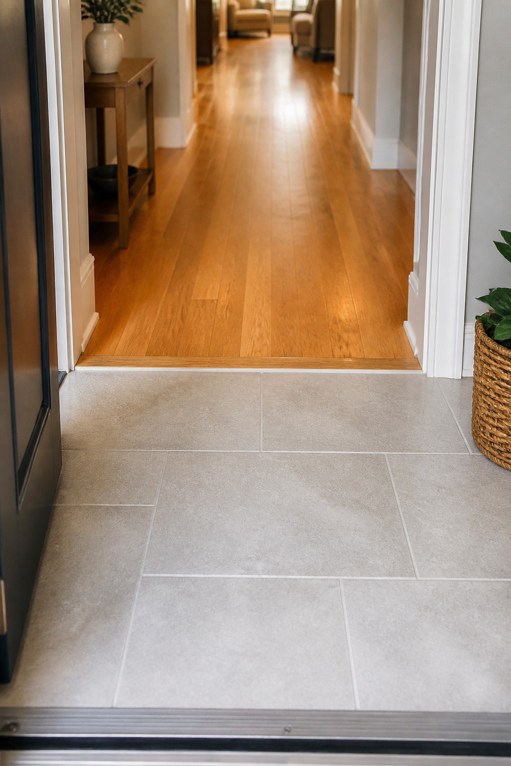 Residential entryway floor showing porcelain tile extending from door threshold to the hardwood floor boundary
