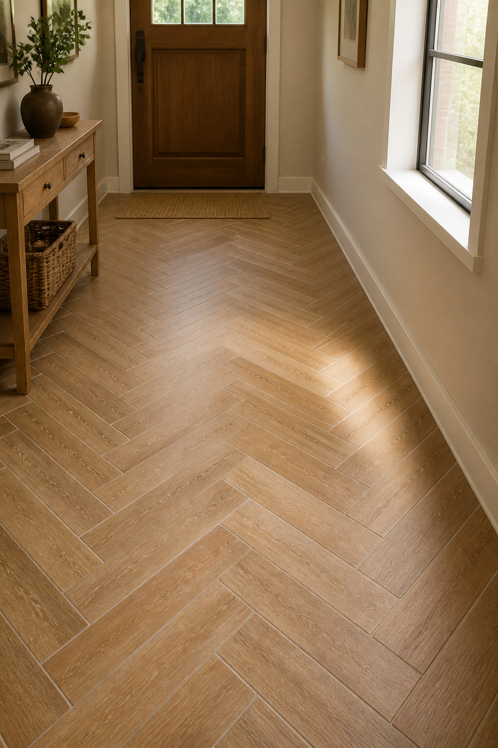 Wood-look porcelain plank tile in warm oak tone laid in herringbone pattern in a residential entryway, with matching sand grout