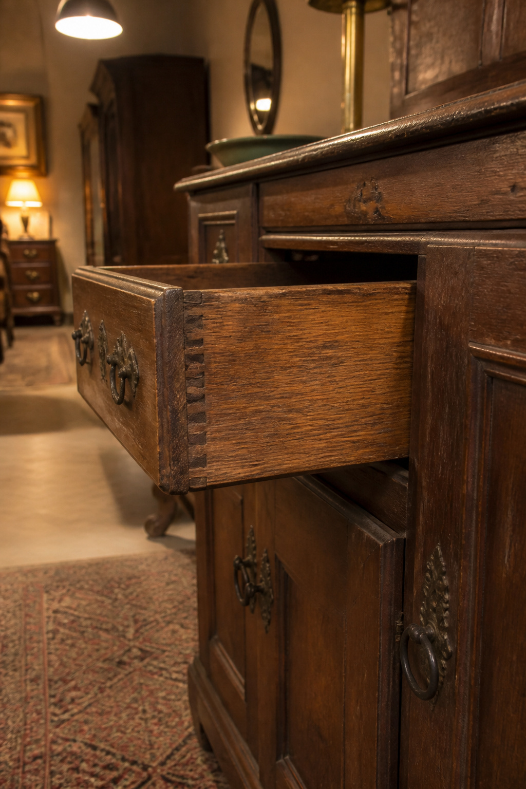 A Victorian oak sideboard at an estate sale with a drawer pulled open to show hand-cut dovetail joinery during on-site assessment