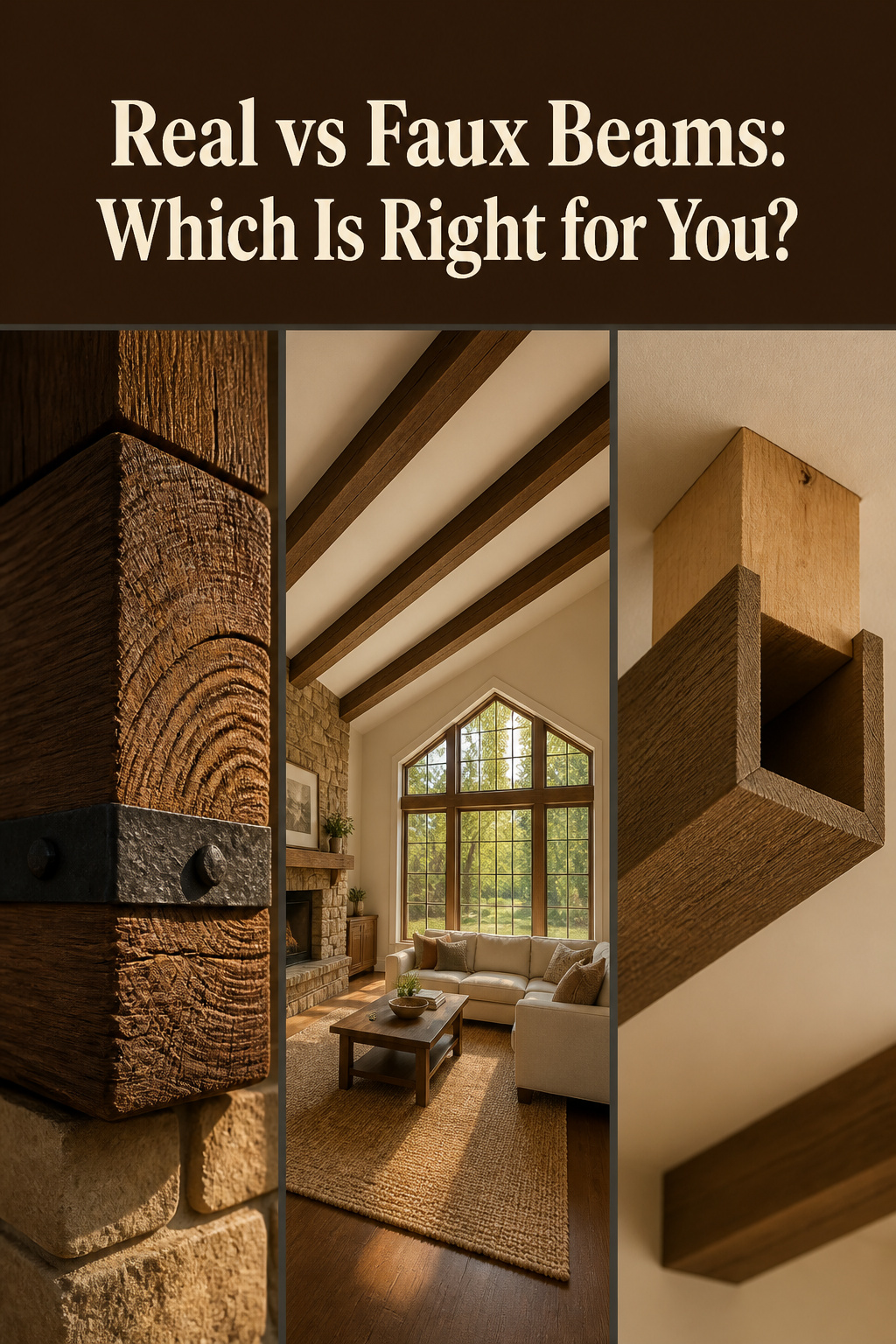 Pinterest collage showing three exposed beam ceiling ideas — real Douglas fir grain detail, a vaulted living room with dark beams, and a faux polyurethane beam installation