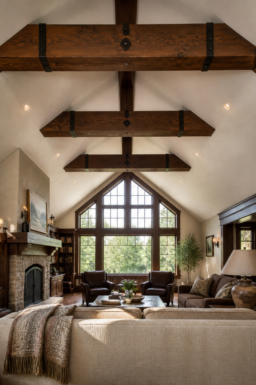 Vaulted living room ceiling with three parallel dark-stained Douglas fir exposed beams and iron strap hardware, afternoon light from gable window