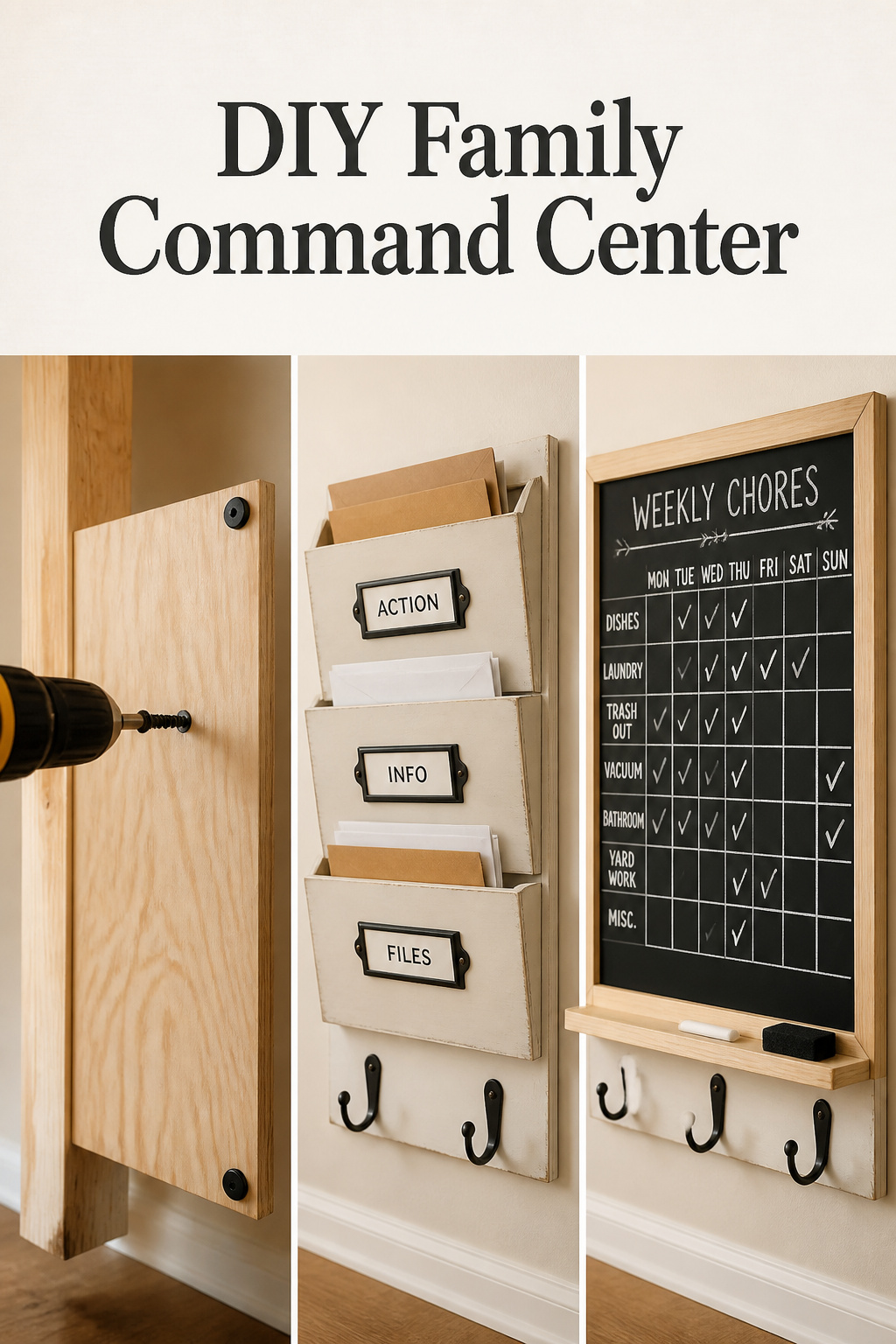 Pinterest pin showing three steps of building a DIY family command center: mounting the panel, mail sorter, and chalkboard chore board