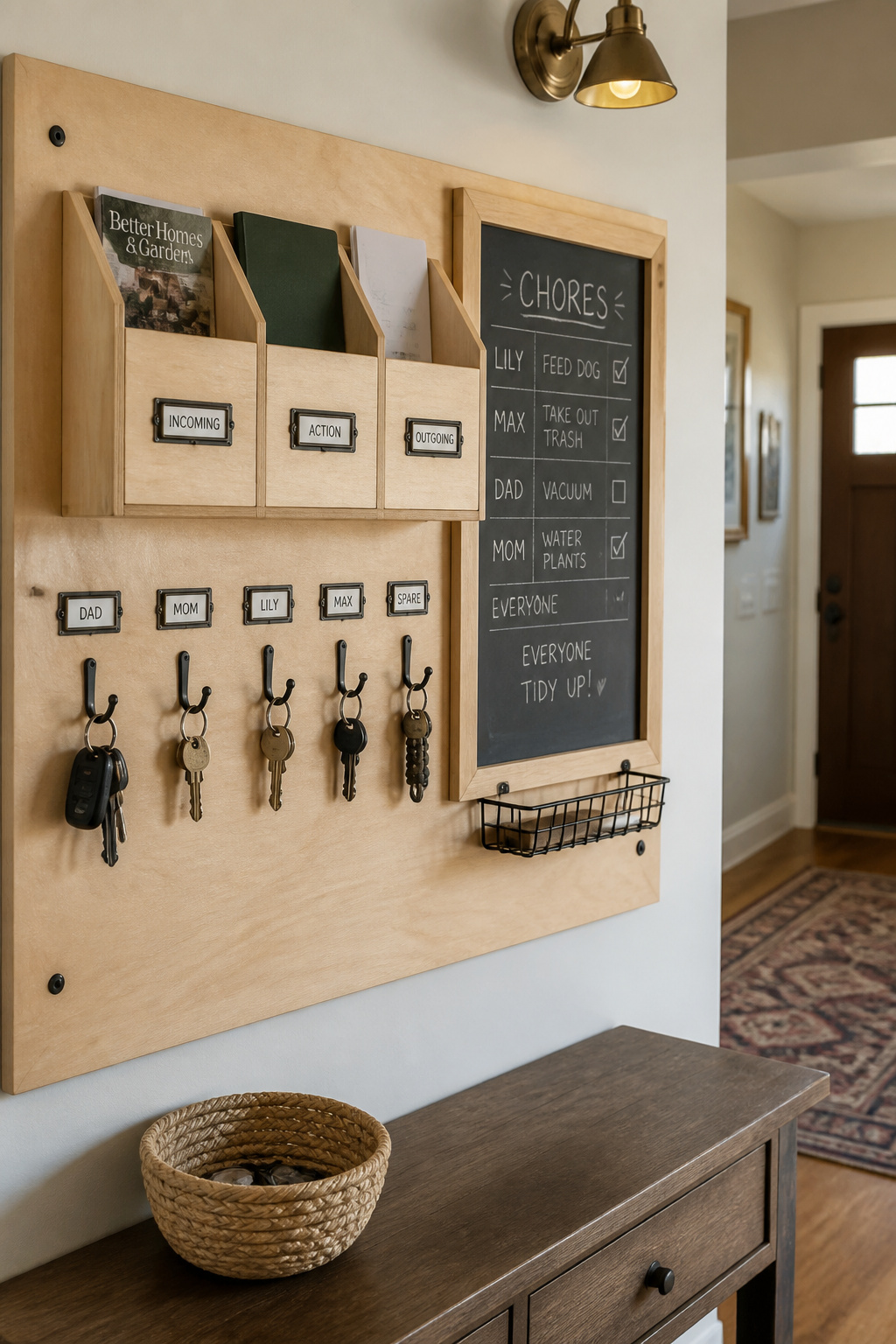 Wall-mounted family command center with a wood mail sorter, labeled key hooks and a chalkboard chore board in a hallway