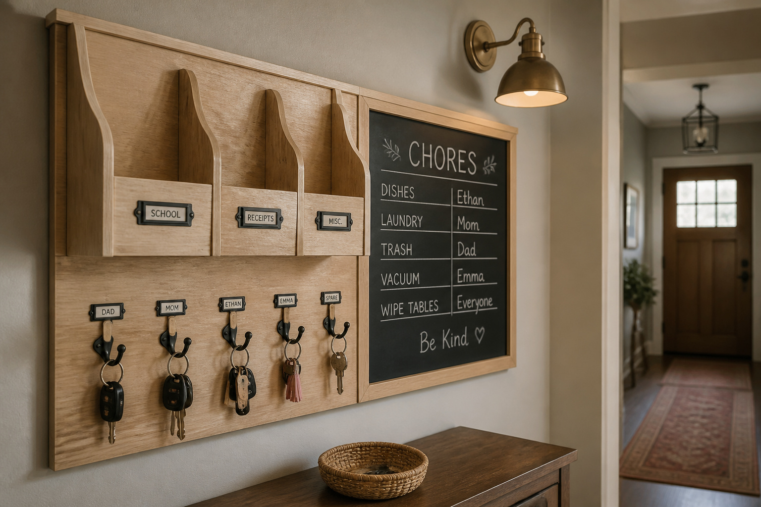 Wall-mounted family command center with a wood mail sorter, labeled key hooks and a chalkboard chore board in a hallway