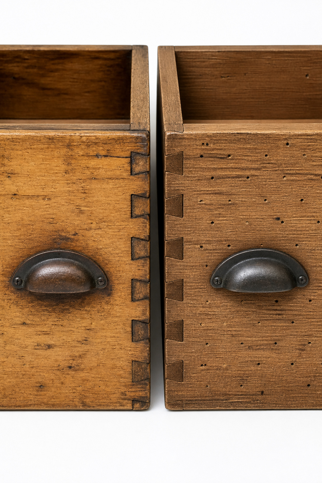 Side-by-side comparison of authentic aged pine drawer dovetail joinery versus applied uniform distressing on a modern reproduction