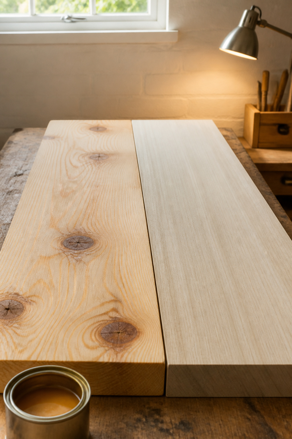 Two bench seat boards side by side — knotty pine on the left with visible grain and knots, smooth poplar on the right with uniform grain