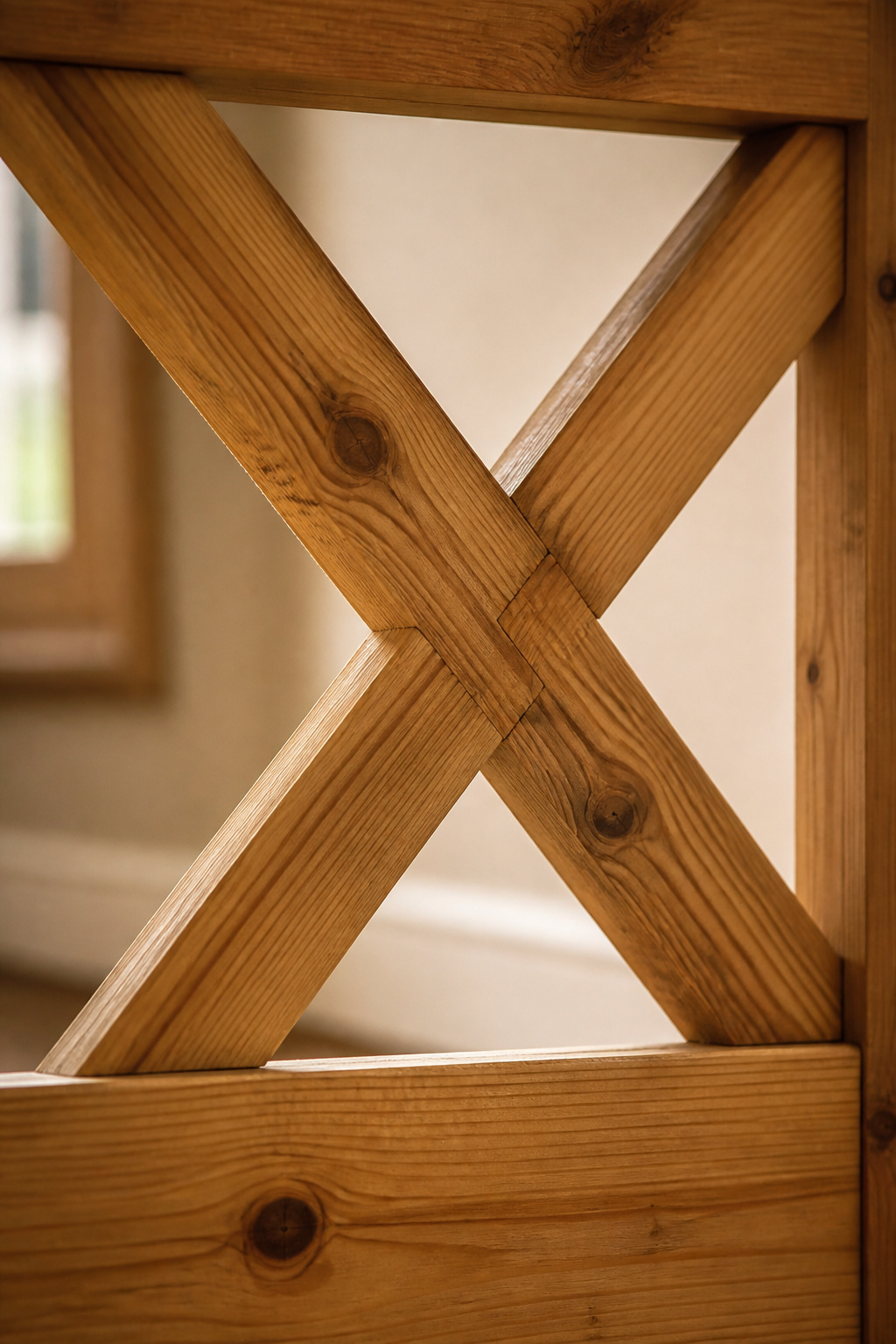 Close-up of a pine farmhouse bench end panel showing X-brace detail with visible half-lap joint and wood knots