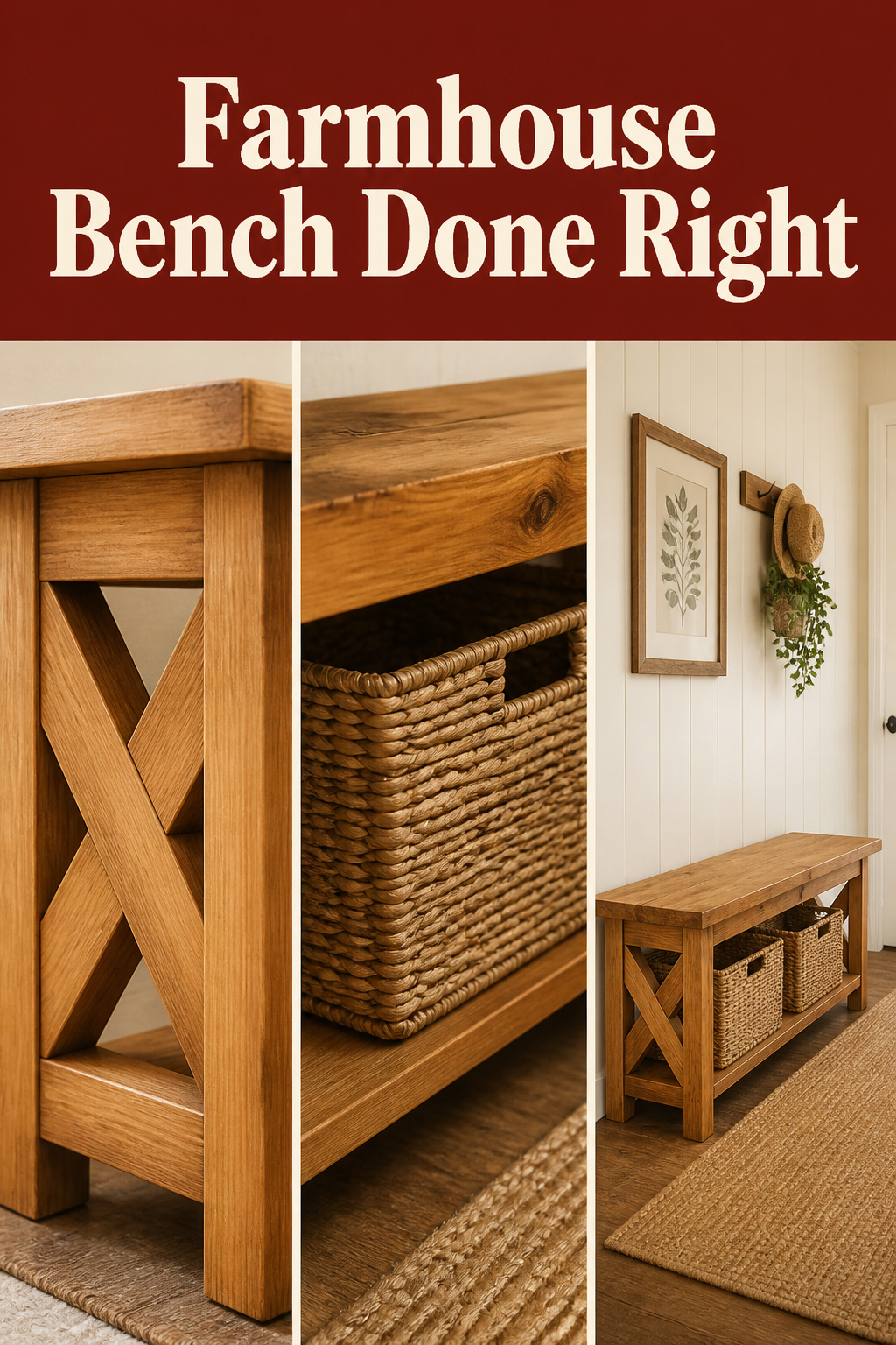 Pinterest collage showing an X-brace joint detail, seagrass basket under a farmhouse bench, and a finished pine entryway bench in a hallway