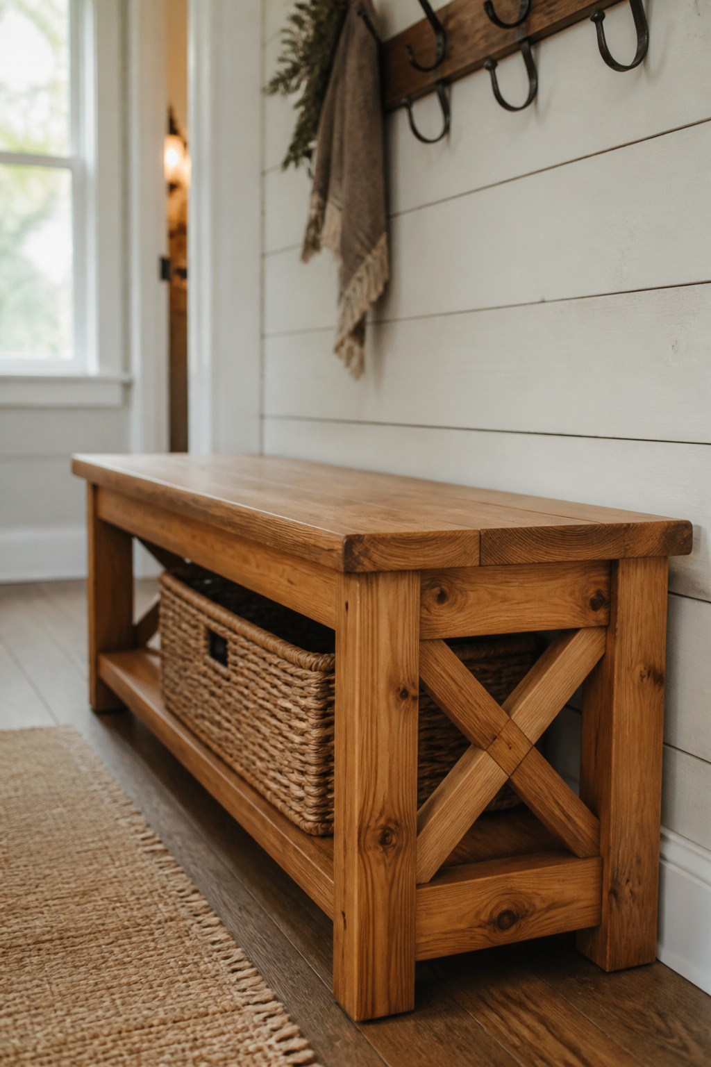 Solid pine farmhouse entryway bench with X-brace leg panels and a seagrass basket underneath, sitting against a whitewashed shiplap wall
