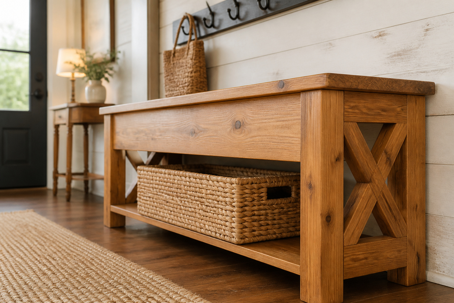 Solid pine farmhouse entryway bench with X-brace leg panels and a seagrass basket underneath, sitting against a whitewashed shiplap wall