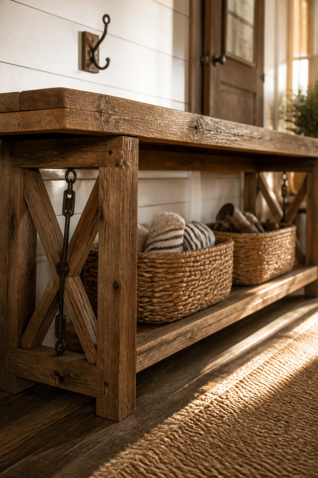 Reclaimed pine farmhouse entryway bench with X-frame legs and two woven rattan baskets on the lower shelf