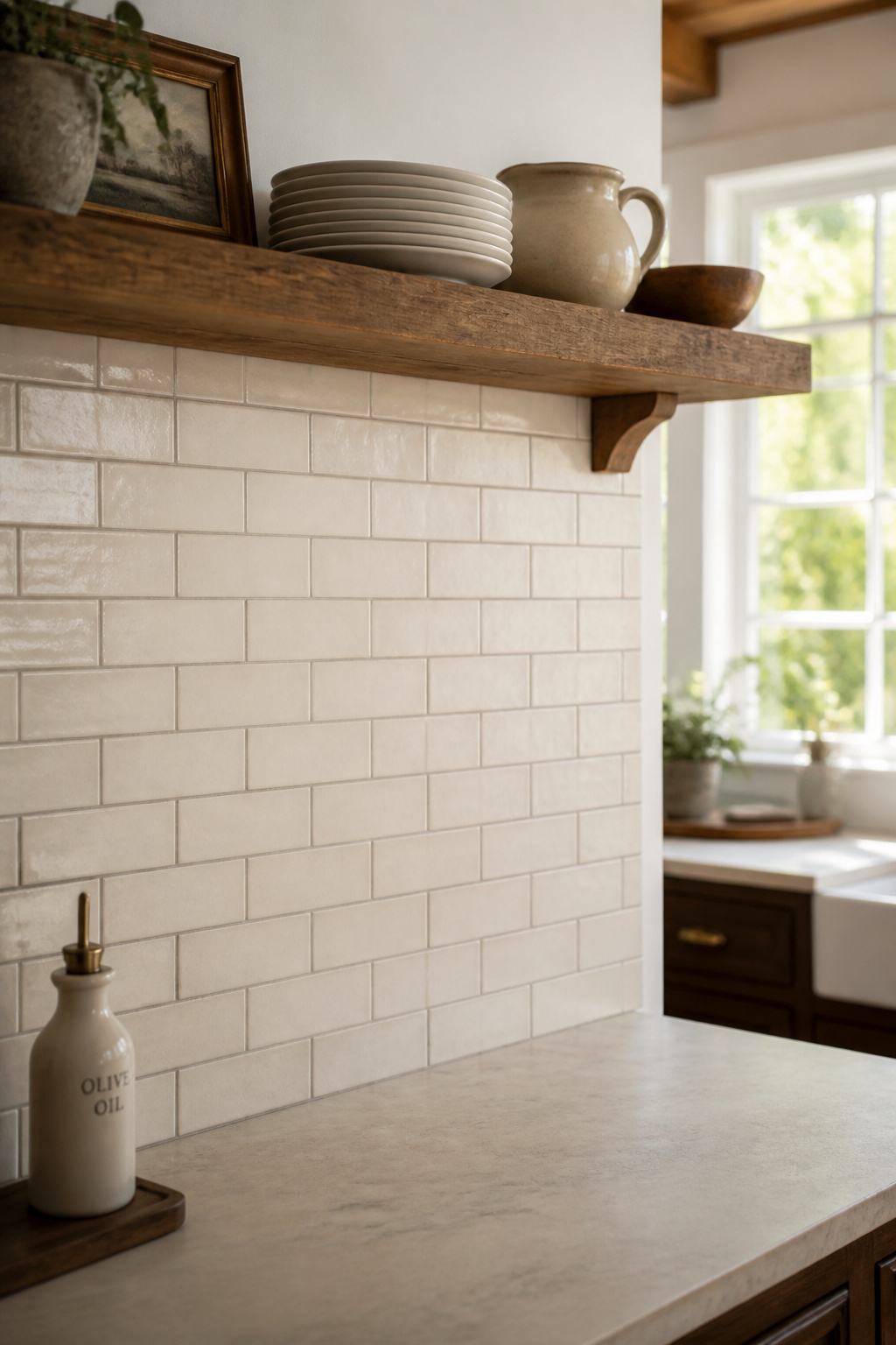 Complete farmhouse kitchen with off-white handmade tile backsplash in running bond, warm grey grout, open wood shelving, and morning light