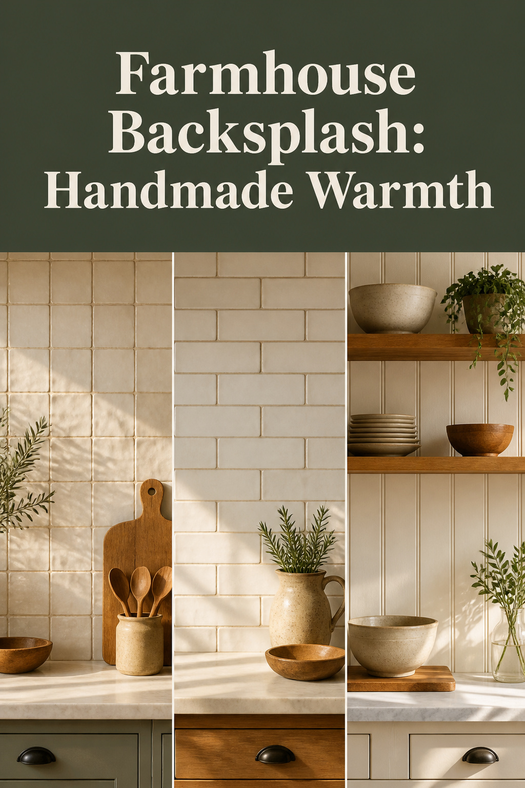 Farmhouse kitchen backsplash ideas collage showing zellige tile, handmade subway tile in running bond, and beadboard panel options