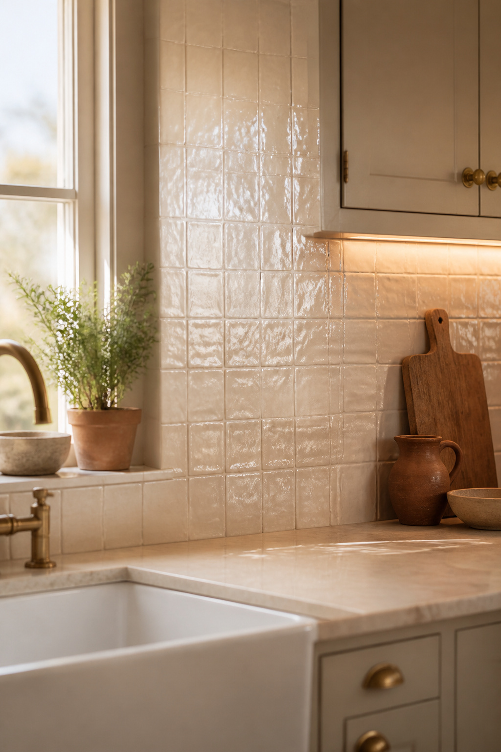 Farmhouse kitchen backsplash with cream zellige handmade tile showing irregular glaze and warm light reflections above a white apron sink