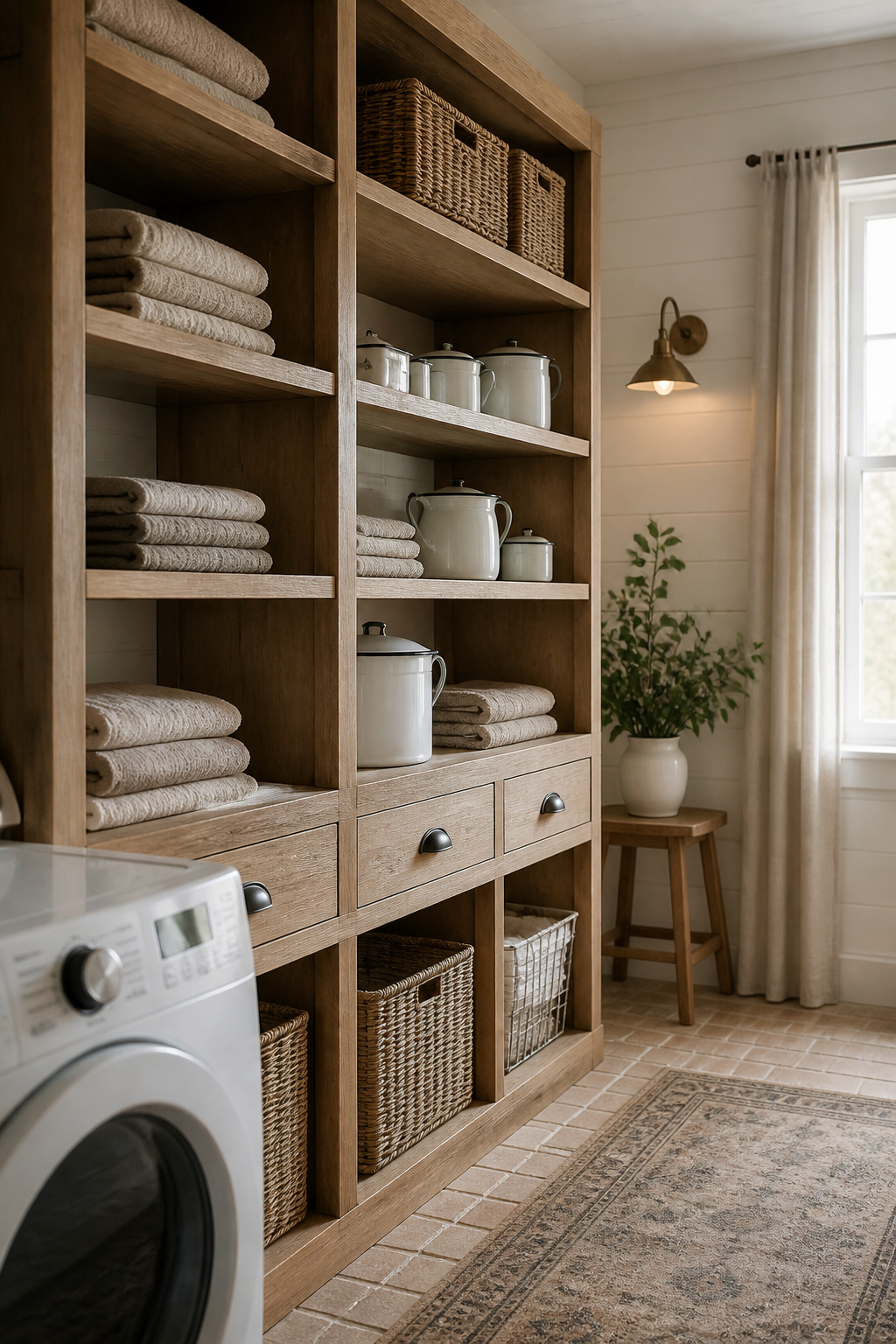 Farmhouse laundry room with light-oak open shelving styled with woven baskets, enamelware and folded linens