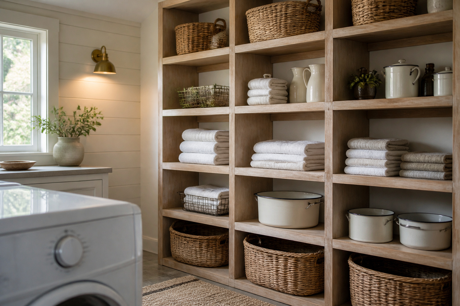 Farmhouse laundry room with light-oak open shelving styled with woven baskets, enamelware and folded linens