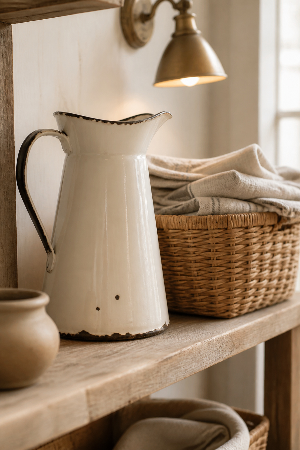 Vintage enamelware pitcher and a woven rattan basket of folded linens styled on a reclaimed oak farmhouse laundry shelf