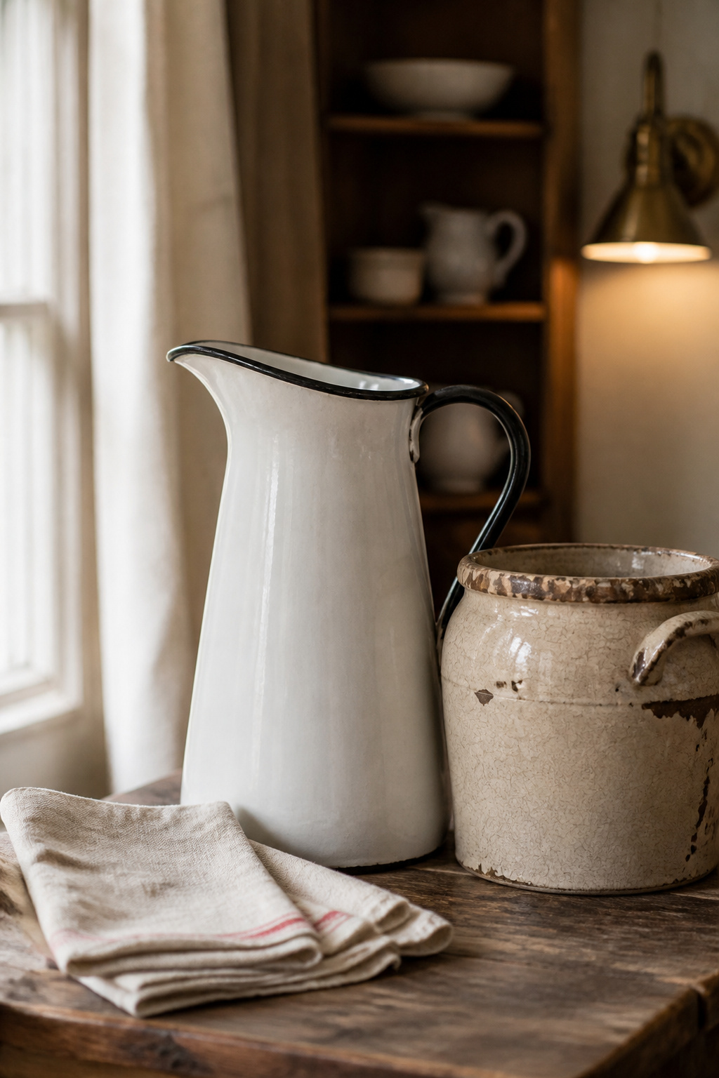 White enamelware pitcher with black trim beside a vintage stoneware crock on a farmhouse laundry shelf
