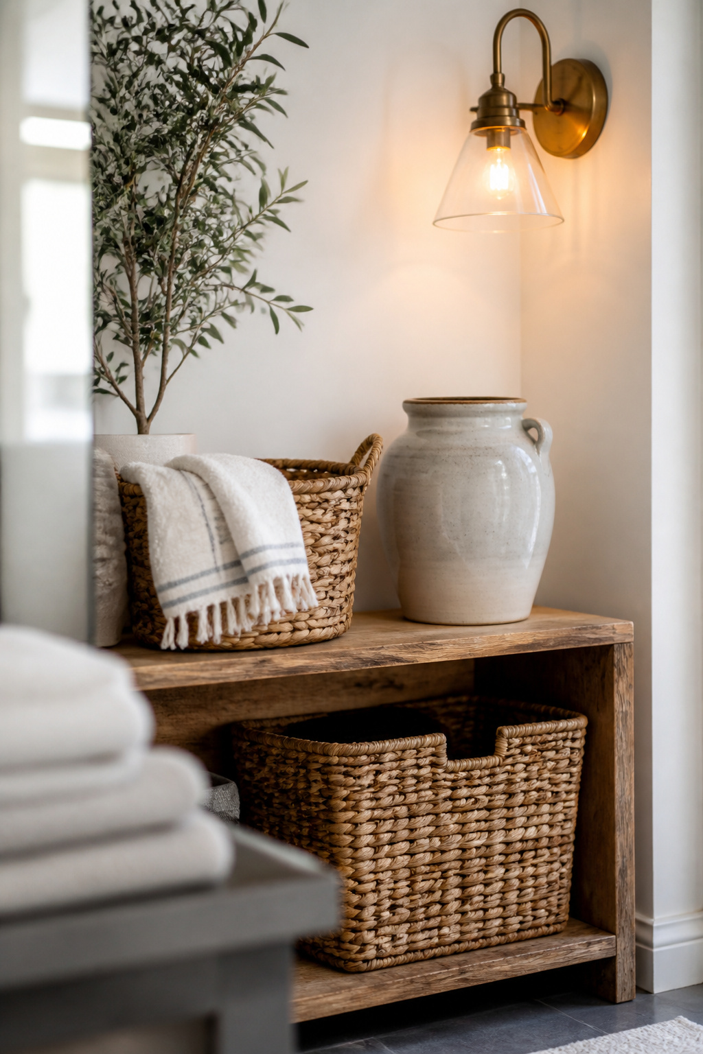 Farmhouse laundry corner styled with one wood shelf, one basket and one vintage crock as a starter set