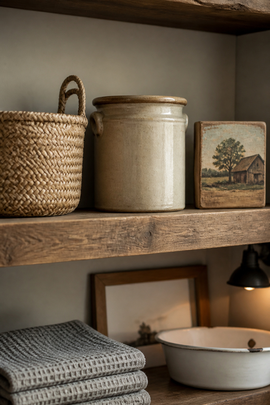 Open laundry shelf styled with a seagrass basket, stoneware crock and small wood sign instead of a matched decor set