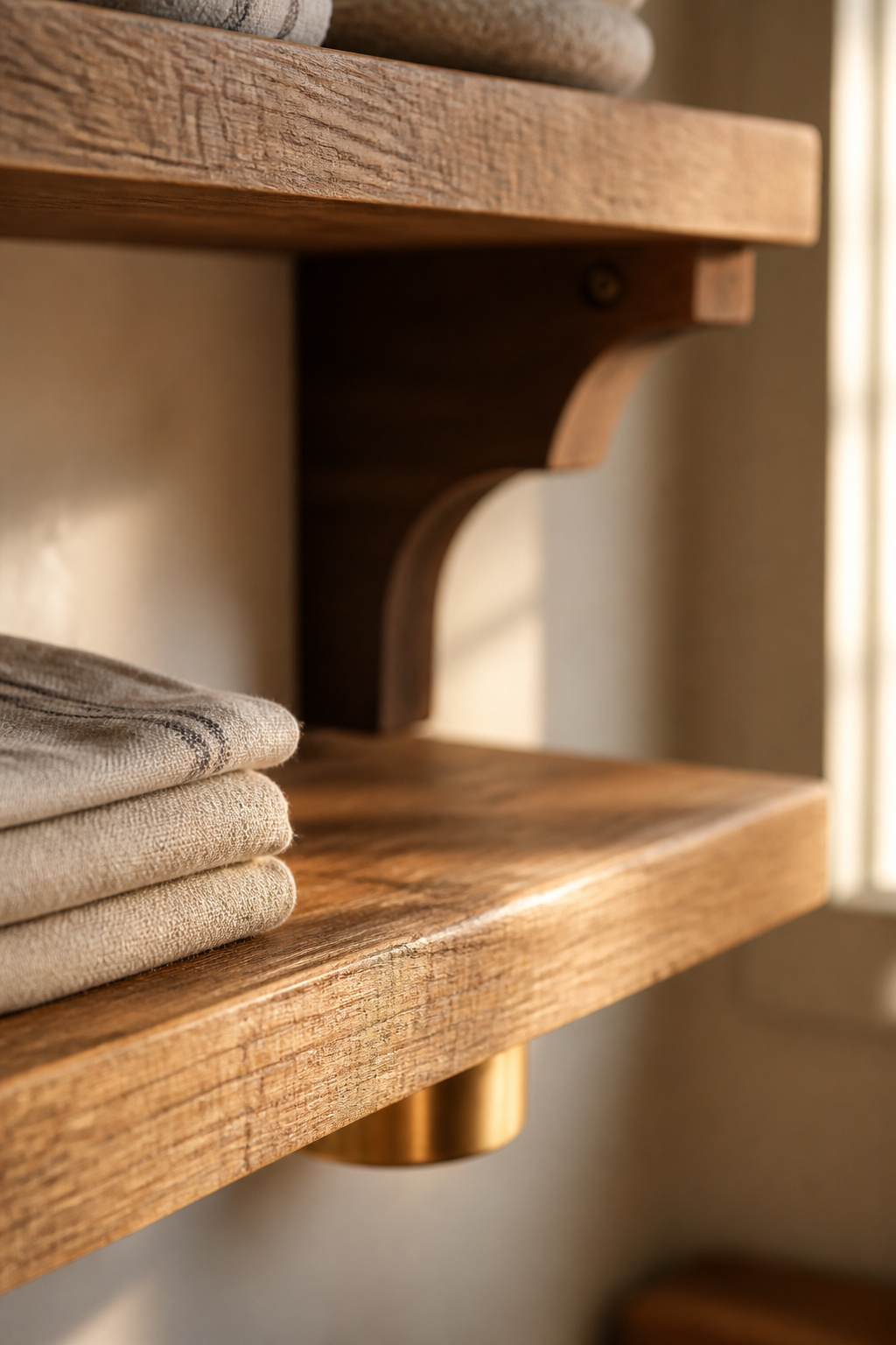 Close-up of warm reclaimed-oak open shelving grain in a farmhouse laundry room