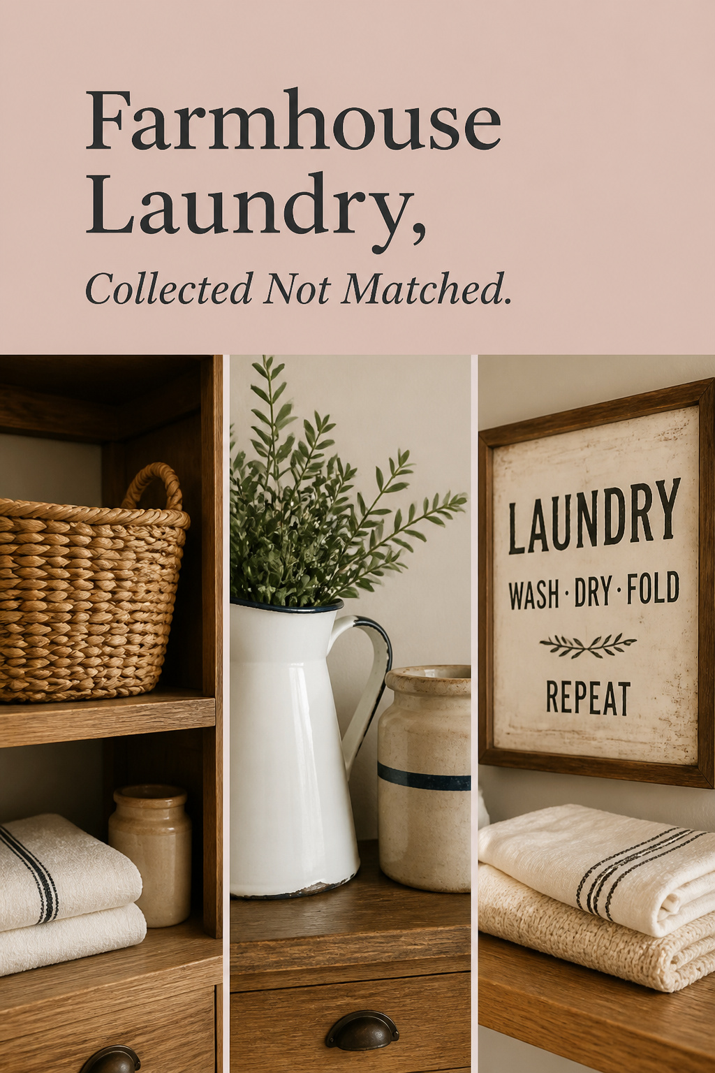 Pinterest pin for farmhouse laundry room decor showing woven baskets, enamelware and a vintage sign