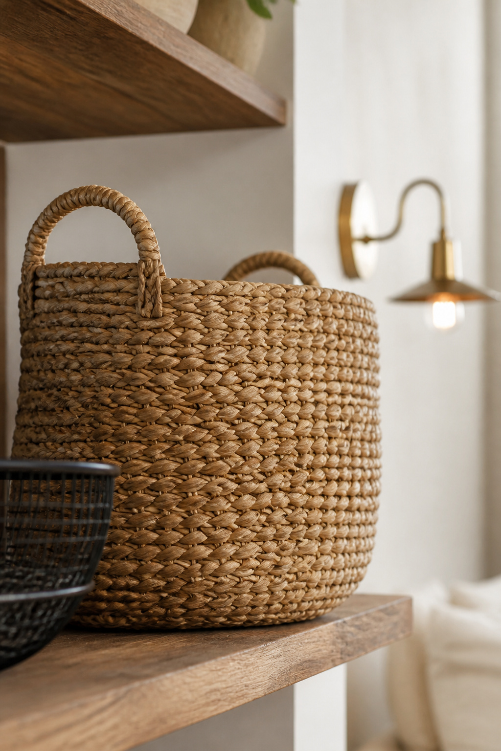 Woven seagrass basket beside a black wire basket on a farmhouse laundry room shelf