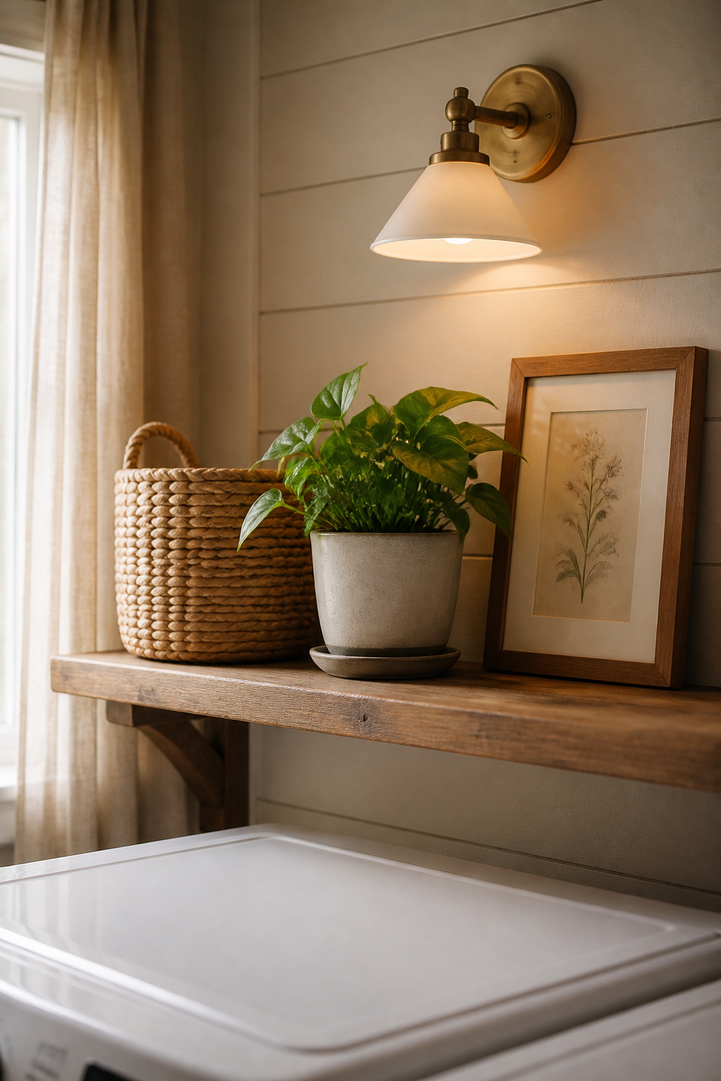 Fully styled farmhouse laundry room open shelf vignette with basket, plant and framed art