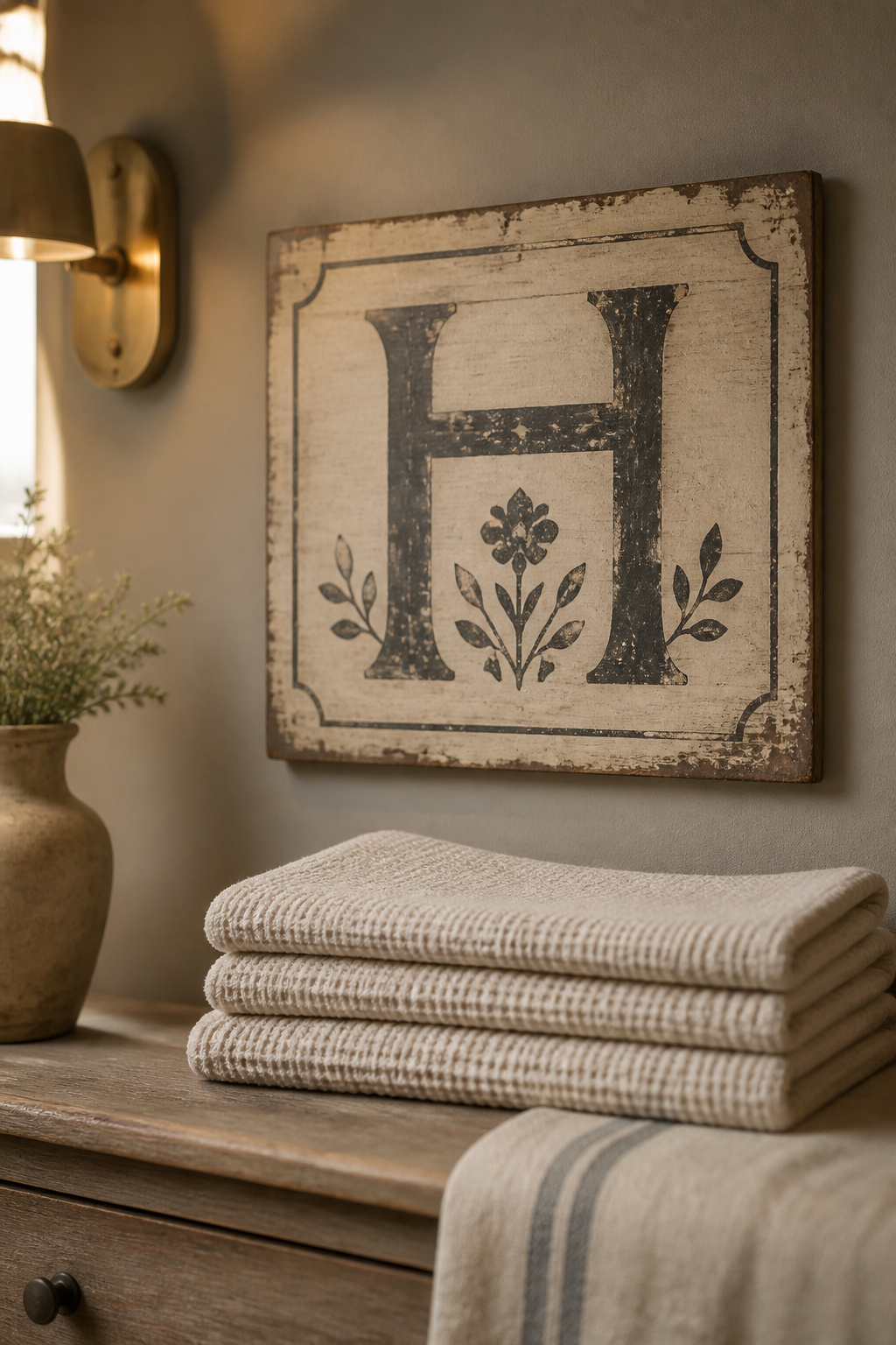 Vintage-style painted wood sign above folded neutral towels in a farmhouse laundry room