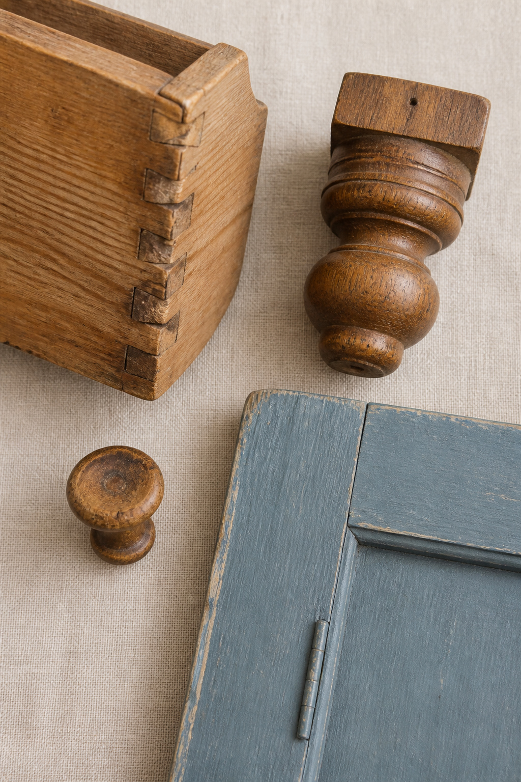 Flat lay of farmhouse furniture construction details: hand-cut dovetail joint, turned bun foot, worn wooden knob, and chalk-painted door panel