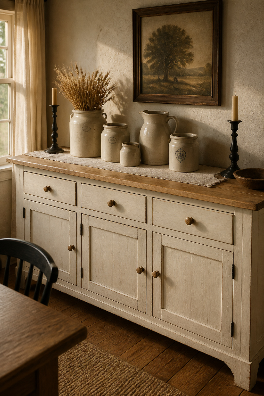 Farmhouse sideboard with two-tone painted finish displaying cream ironstone crocks and a stoneware pitcher on a linen runner