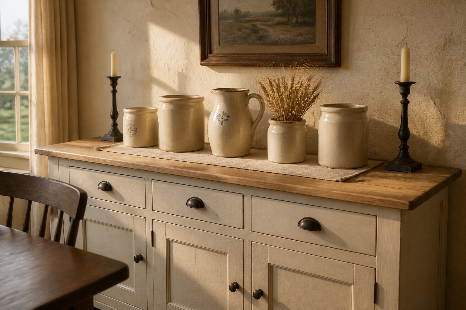 Farmhouse sideboard with two-tone painted finish displaying cream ironstone crocks and a stoneware pitcher on a linen runner