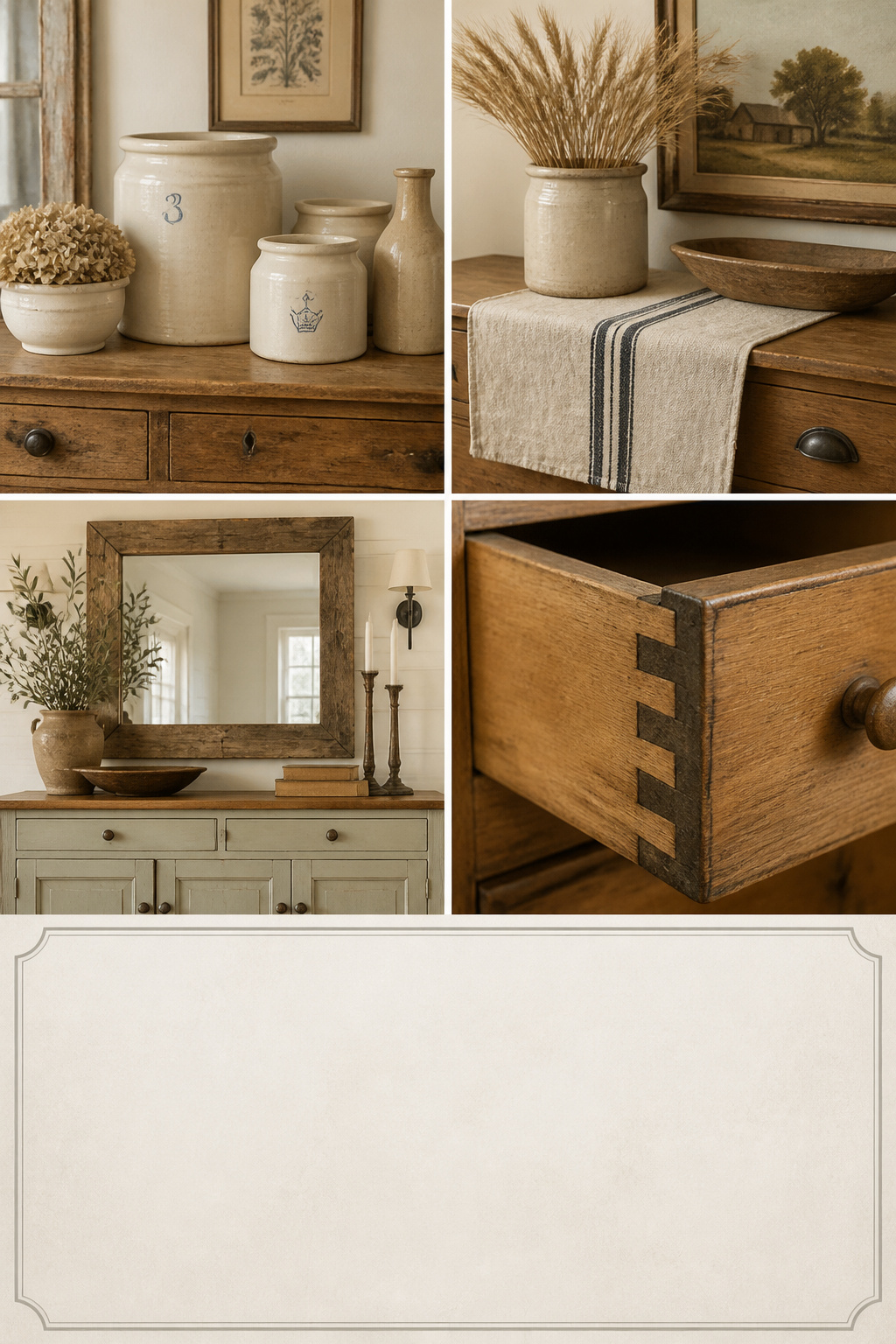 Pinterest collage showing four farmhouse sideboard decor vignettes including ironstone crocks, linen runner, barnwood mirror, and authentic dovetail joinery