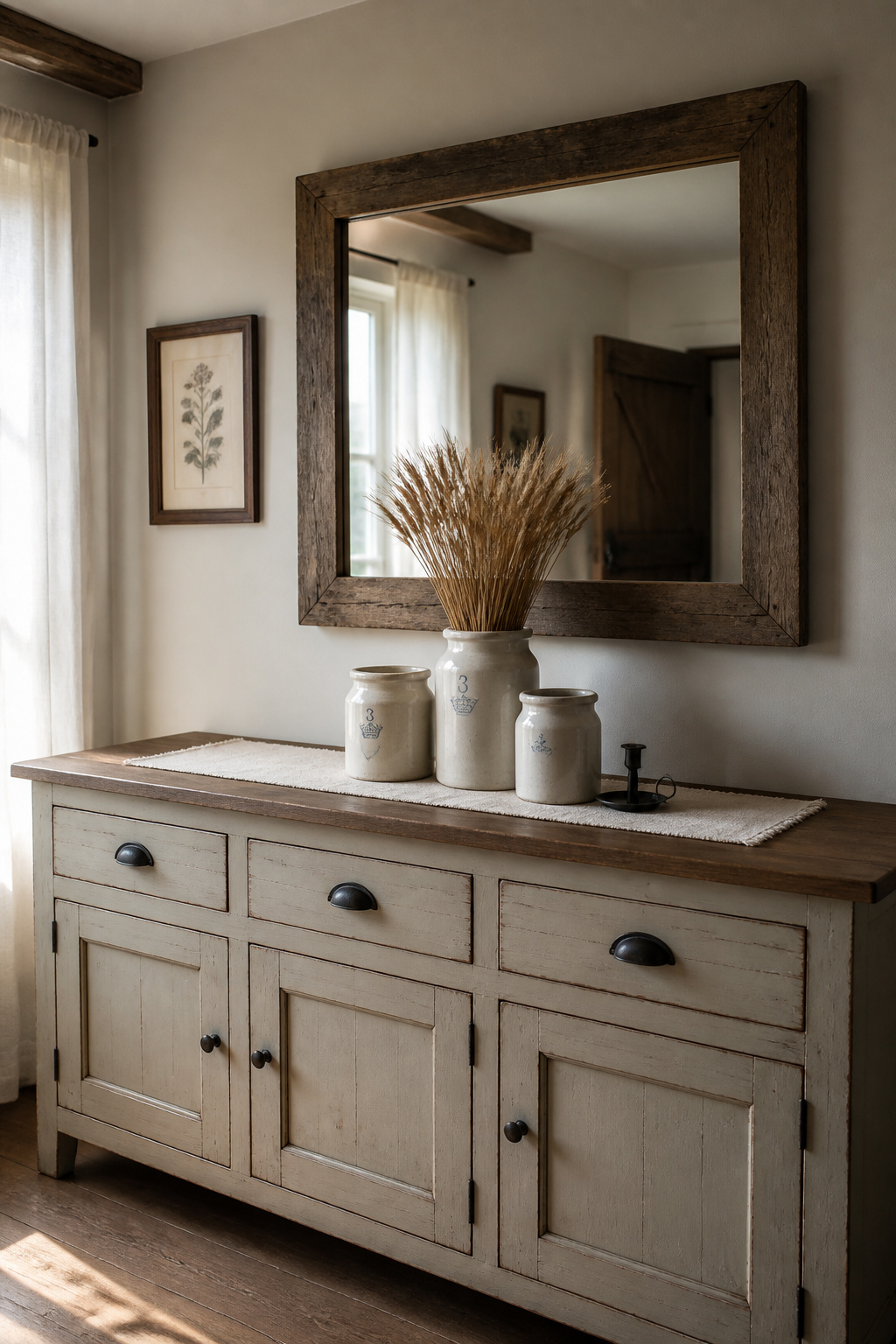 Restrained farmhouse sideboard display with three ironstone crocks centred on a linen runner, clear negative space at both ends