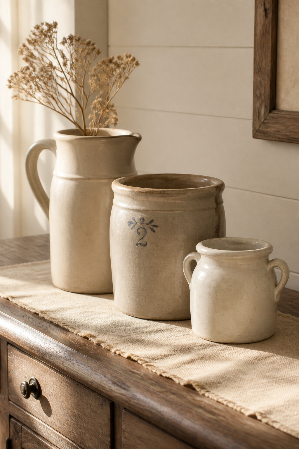 Grouped ironstone crocks and stoneware pitchers arranged in graduated heights on a farmhouse sideboard with a linen runner