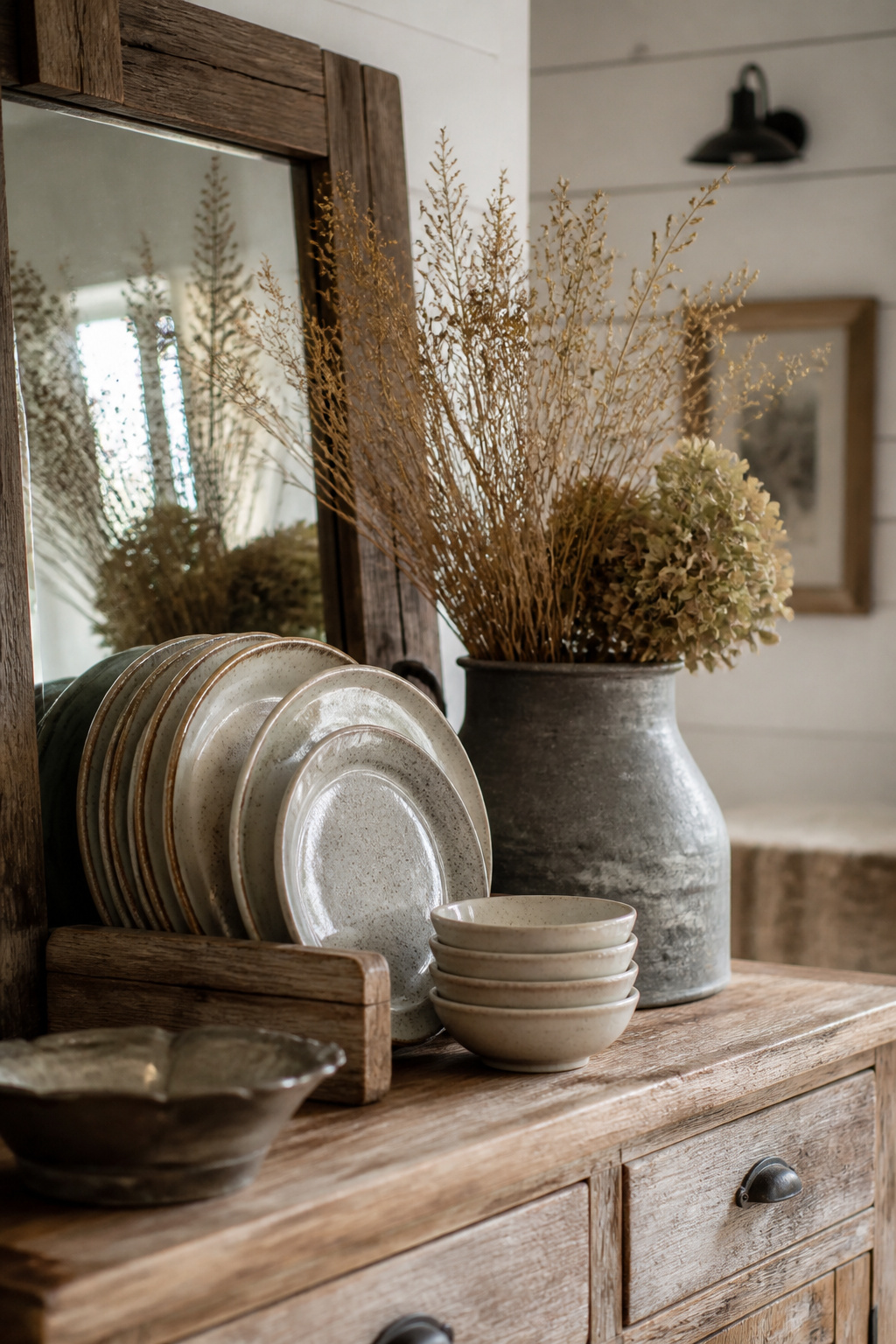 A farmhouse sideboard styled with stoneware crockery, a galvanized stem vase, and a reclaimed wood mirror on a shiplap wall