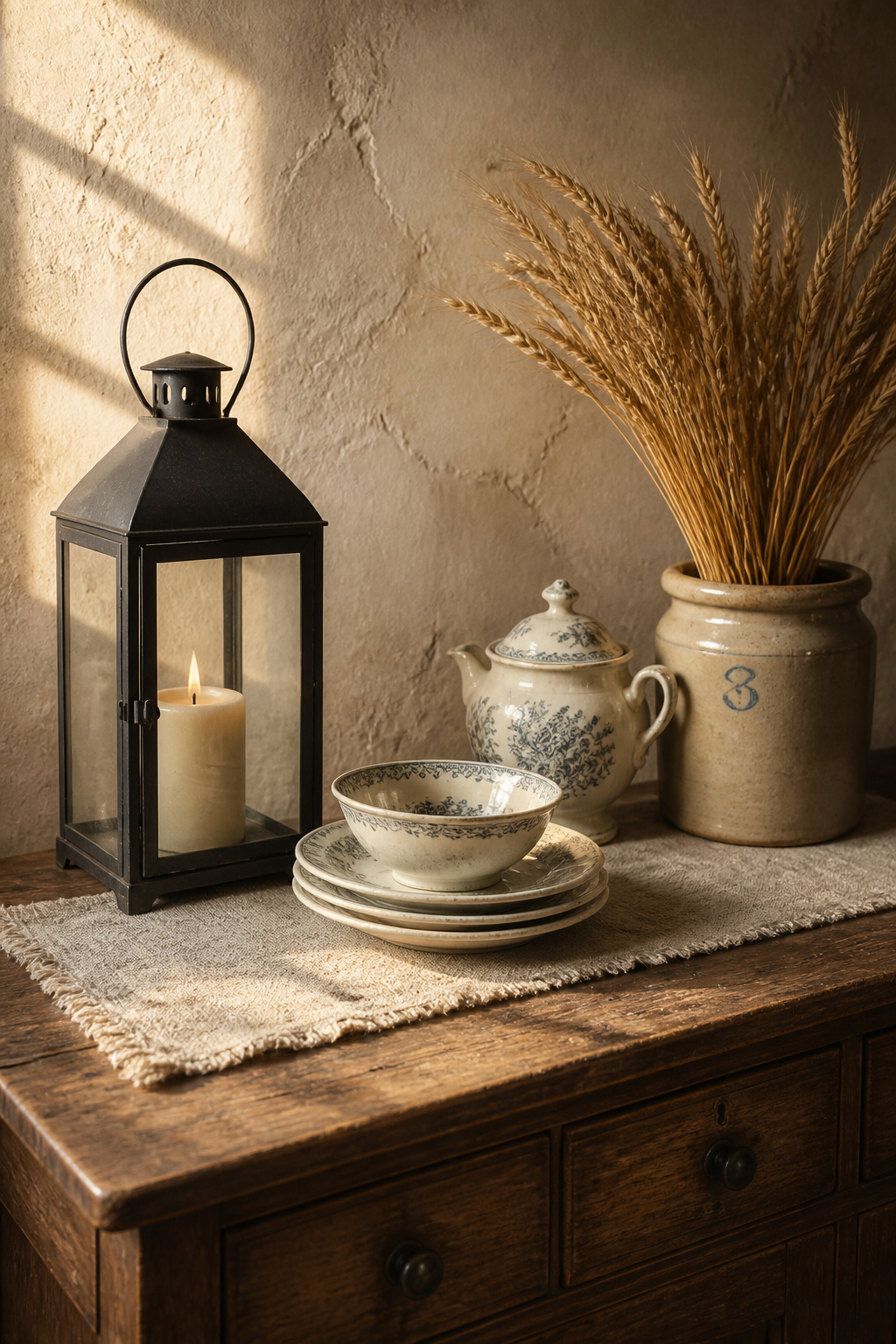 Farmhouse sideboard styled with a matte black iron lantern, linen runner, and dried wheat bundle in a stoneware crock