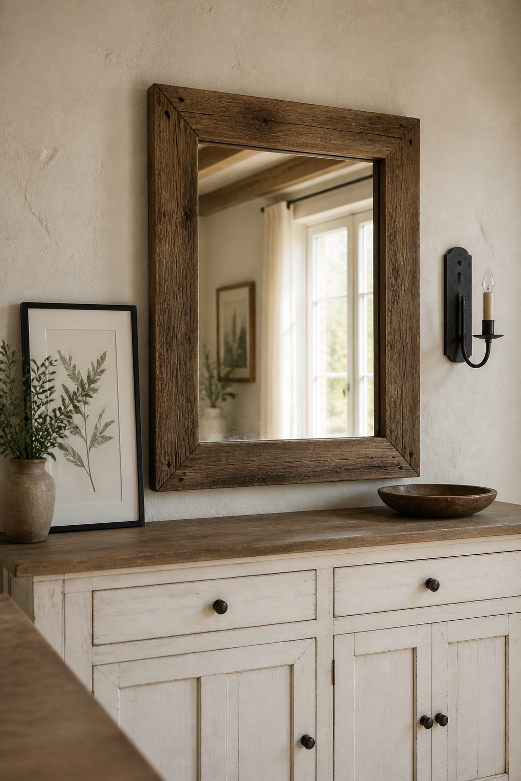 Barnwood-framed mirror hung at correct proportion above a white farmhouse sideboard with a botanical print and black iron wall sconce flanking it