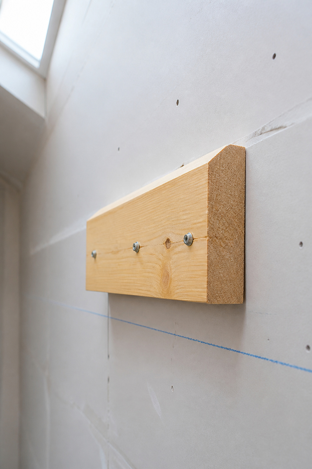 Pine mounting block with bevelled top edge screwed flush against a sloping vaulted ceiling, showing the pitch-matched cut and three screws