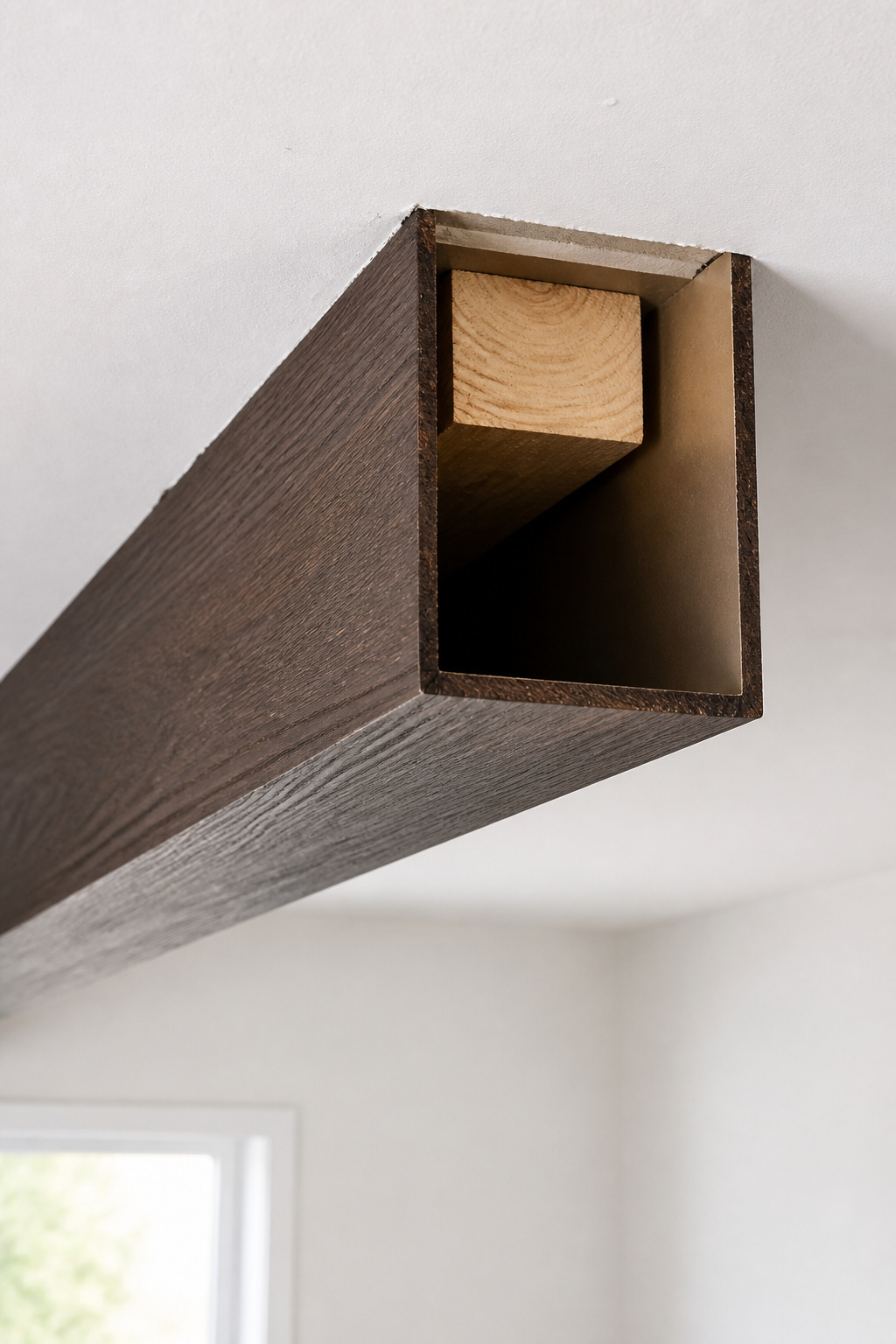 Hollow polyurethane faux beam U-profile in dark walnut finish showing the open interior channel and pine mounting block inside
