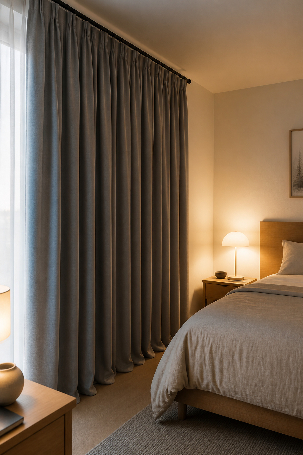Bedroom window dressed with full-length grey blackout curtains hung on a wide rod for a finished, calm look