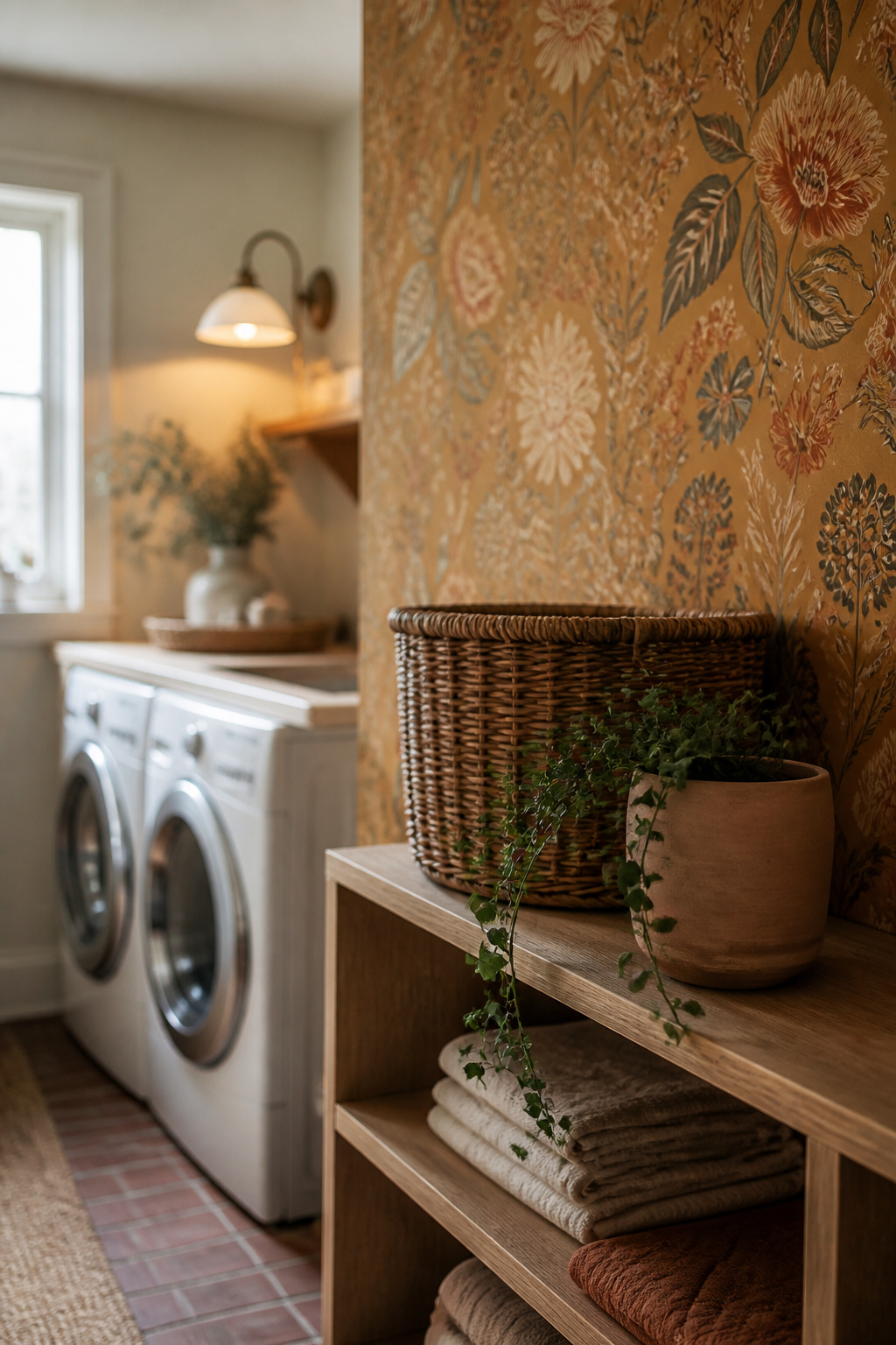 Finished laundry room feature wall in mustard and terracotta wallpaper styled with a rattan basket and light-oak shelf