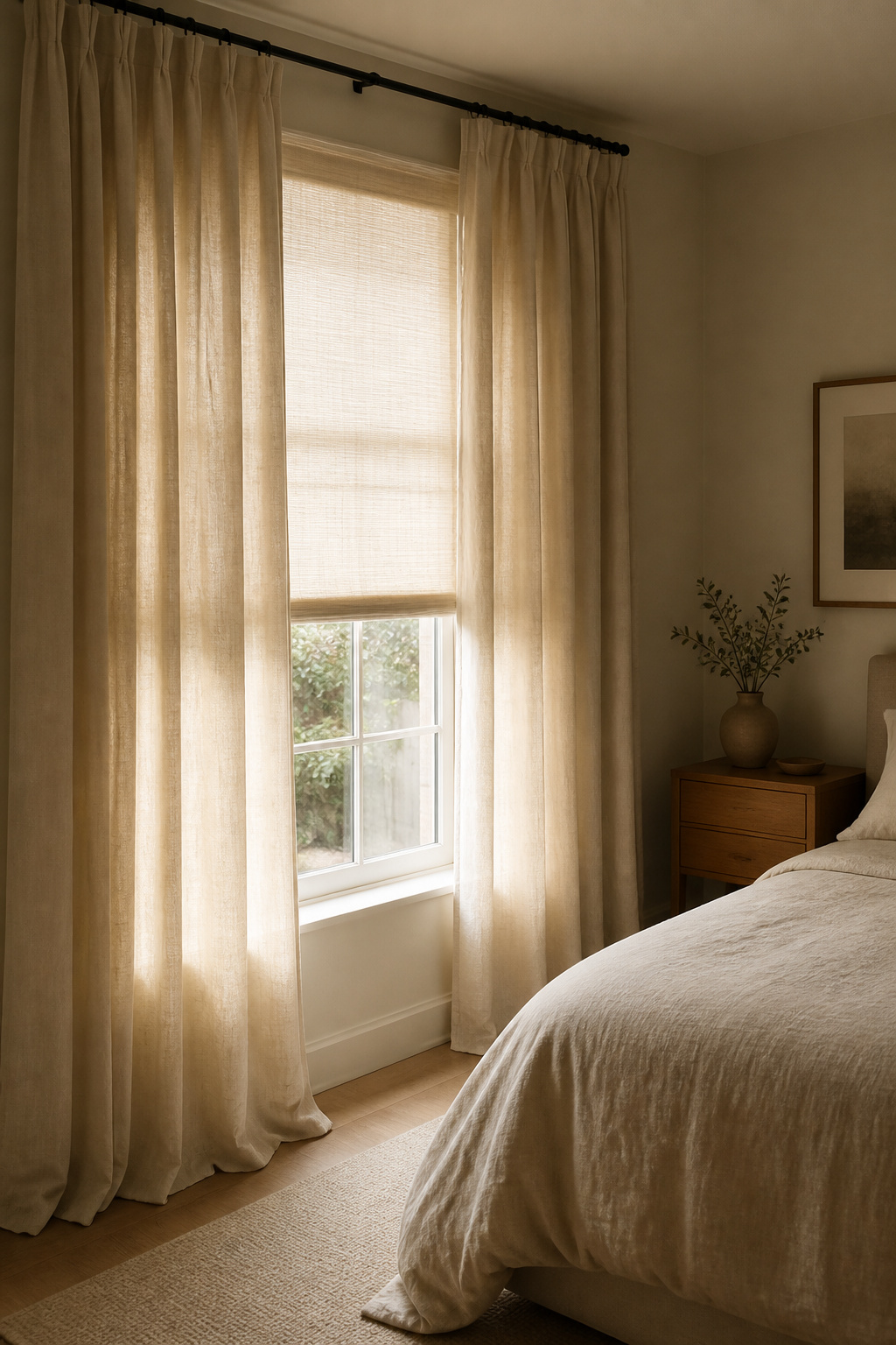 Finished bedroom window with a layered roller shade and curtain rod mounted near the ceiling