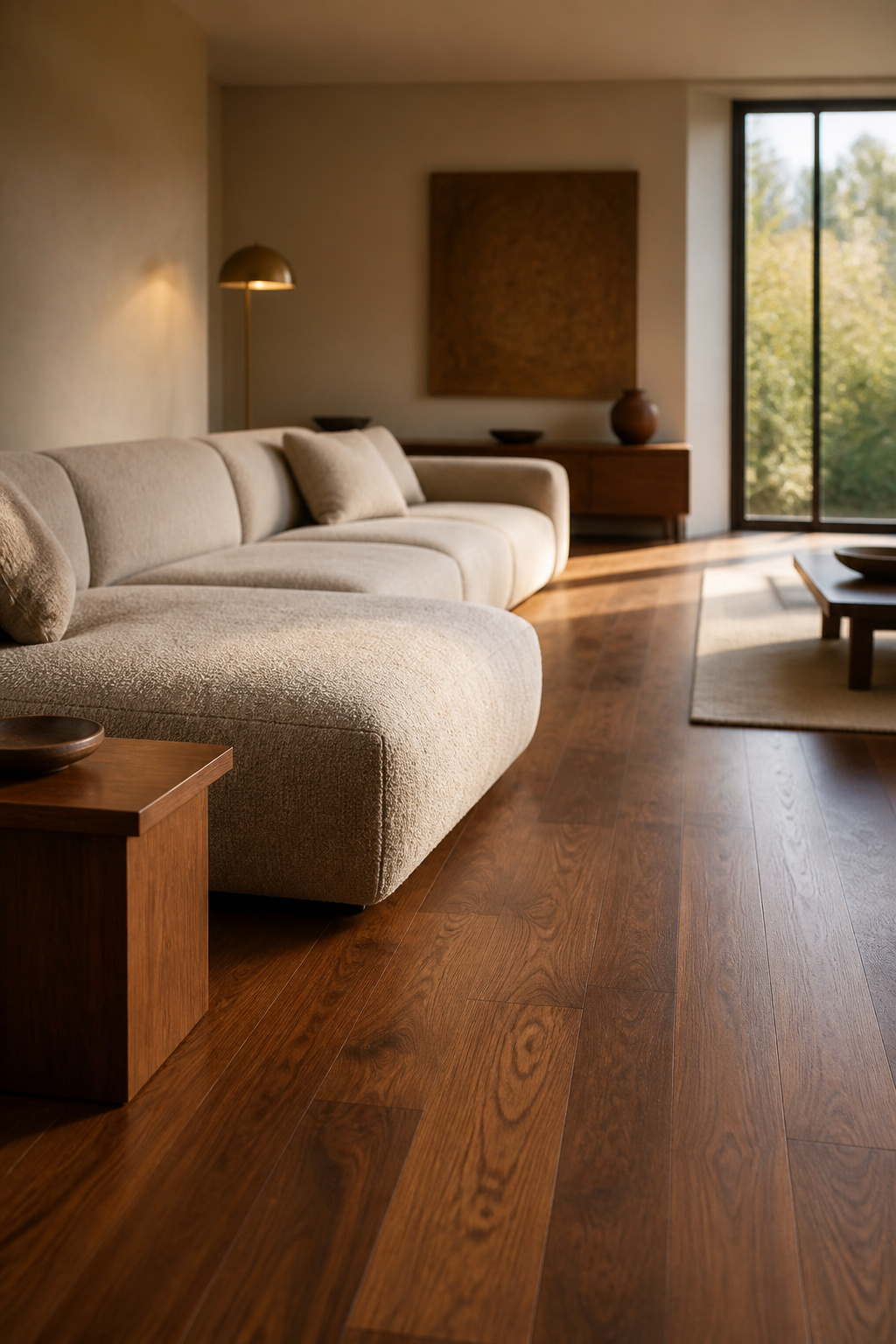 Fully leveled living room floor in walnut with a bouclé sectional and no sunken step remaining