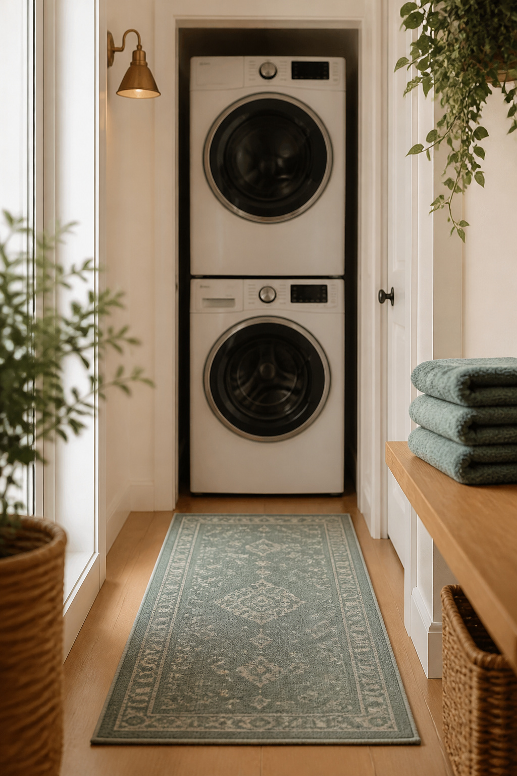 Compact muted teal runner rug fitted in a small laundry closet in front of a stacked washer and dryer